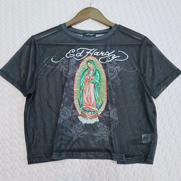 Ed Hardy Tops - NWOT Ed Hardy Mary Cropped Baby T-Shirt Women's T-Shirts in Black Mesh Size 3X